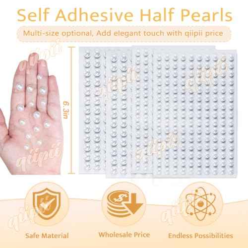 4 Sheets Pure White Flatback Pearls Stickers Self Adhensive Solid White Big Half Pearls Stick On Jewels 8mm 10mm Large Sizes Gems Stick on for Nails Face Eyes Hair Makeup Clothing DIY Crafting