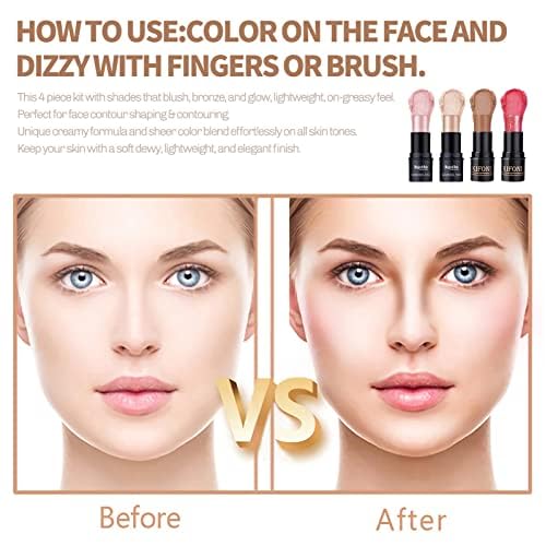 4PCS Contour Stick - Highlighter And Cream Blush Stick 4 Colors Kit - Moisturizer, Face Brightens & Shades Pencil, Facial Shaping Makeup Sticks for Older Women & Mature Skin