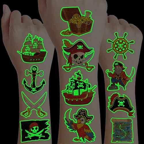 96 PCS Pirate Ship Nautical Pre-Cut Luminous Glow in the dark Temporary Tattoos for Kids | Super Cute Theme Birthday Party Favors Supplies Decorations, Treasure Fake Tattoos Gifts for Boys Girls