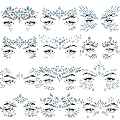 Face Jewels Gems Rhinestone Stickers - 12 Sets Self-Adhesive