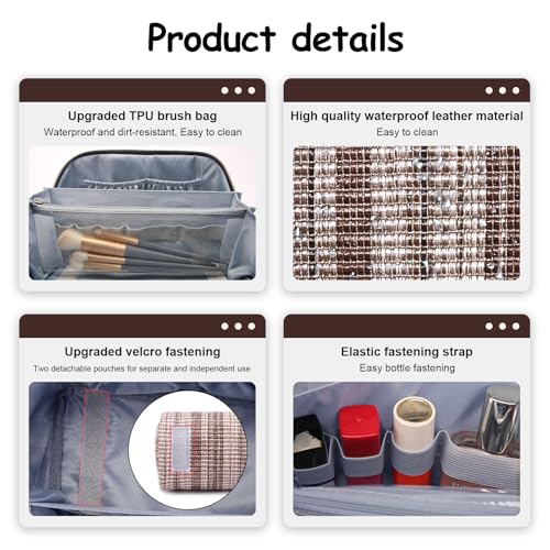BOYATU Travel Makeup Bag for Women: Large Capacity Open Flat Make up Bag Set of 3 - Vegan Leather Cosmetic Bag with Compartments - Waterproof Toiletry Bag with Handle & Divider(I-5-Brown)