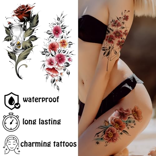Cerlaza Realistic Flower Temporary Tattoos for Women, 12 Sheet Waterproof Semi-Permanent