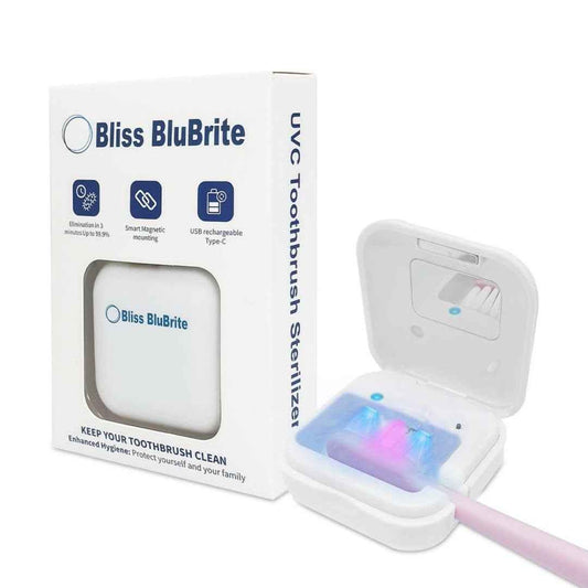 Bliss BluBrite Portable UV-C Toothbrush Sanitizer and Holder – Travel Case for Manual & Electric Toothbrush Heads – UV Light Cleaning Box – USB Rechargeable – Travel-Friendly