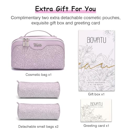 BOYATU Travel Makeup Bags Cosmetic Organizer Bag: 3-Set Large Capacity Make up Bag - PU Leather Toiletry Bags for Women - Wide Open Portable Pouch with Divider & Handle (02-Z-Violet)