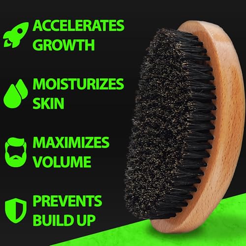 GROW Beard Brush & 360 Wave Brush for Men - Natural Boar Bristle For Fuller, Thicker Hair, Beard & Mustache - Premium Full-Size to Exfoliate, Strengthen Hair, Stimulate & Boost Growth