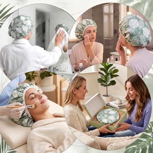 Jiuguva Large Green Waterproof Shower Cap for Women - Terry Lined, Vacation Style