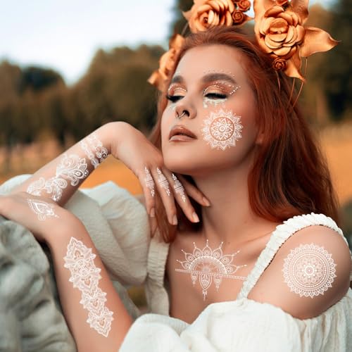 6 Sheets Henna Tattoos Temporary Stickers Flower Lace Lotus Pattern Waterproof Women Body Party Masquerade Halloween DIY Face Arms Legs Art Decoration (White)
