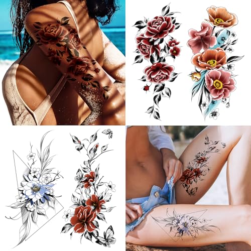 Cerlaza Realistic Flower Temporary Tattoos for Women, 12 Sheet Waterproof Semi-Permanent