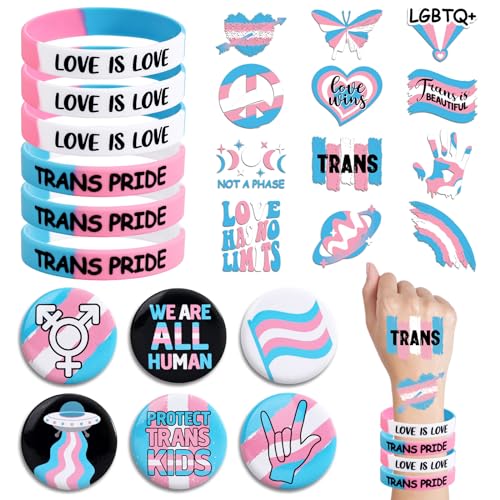 Transgender Pride Accessories Set - 24pc Bundle Bracelets Pins Tattoos