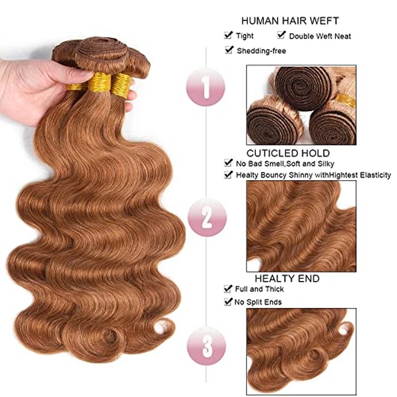 Light Brown Body Wave Human Hair Bundles - 30 Inch, 8A Grade