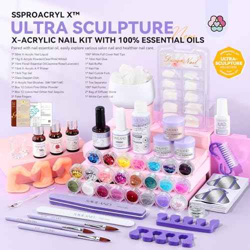 SAVILAND SSPro Acrylic Nail Kit: Clear White Pink Acrylic Powder for Beginners Acrylic Liquid Set with Brush Nail Practice Finger Essential Oil for Acrylic Nails Extension Christmas Gift Home DIY