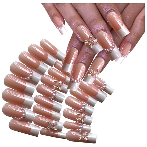 Pink Press on Nails Kit with Charms Gems French Tip Nails Press Ons Medium Square Fake Nails Artificial Coffin Gel Like Glossy 3D Flower Pearl White Bowknot False Nail Manicure for Women Girl