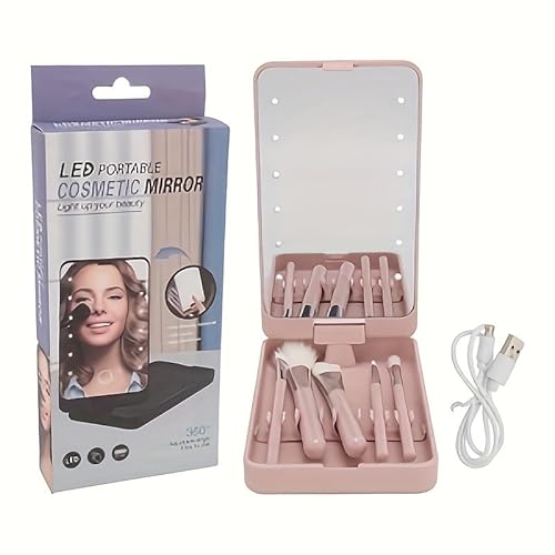 Portable Makeup Mirror with LED Lights, Rechargeable LED Makeup Mirror with Brush Set, for Women, Birthday Gift for Teens (Pink)