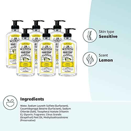 J.R. Watkins Gel Hand Soap, Scented Liquid Hand Wash for Bathroom or Kitchen, USA Made and Cruelty Free, 11 fl oz, Lemon, 6 Pack