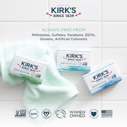 Kirk's Castile Bar Soap Clean Soap for Men, Women & Children | Premium Coconut Oil | Sensitive Skin Formula, Vegan | Soothing Aloe Vera | 4 oz. Bars - 3 Pack