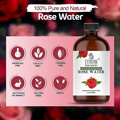 Rose Water 4 fl oz (118 ml) Organic Refreshing Rose Water Spray for Face & Skin Hydration, Pure Rosewater for Hair & Makeup Setting Spray, Reduce Eye Puffiness, Dark Circles & Redness, Huge 4 oz