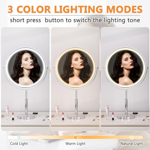 Hasipu 10¡± LED Makeup Mirror with 7X Magnification - Rechargeable Vanity Mirror, 3 Color Modes, Touch Control, 360¡Æ Rotation & Adjustable Height