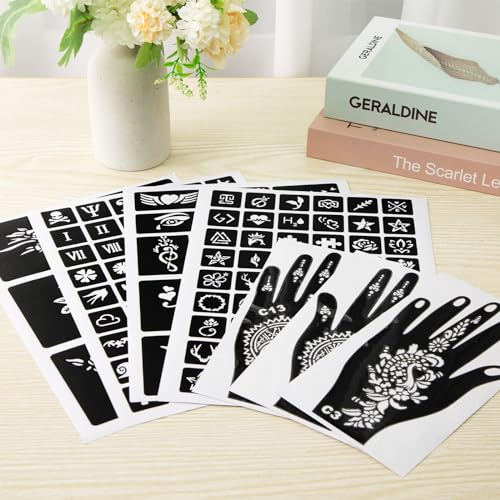 MCPINKY Henna Tattoo Stencil Kit - 283 Sheet Arabian Realistic Temporary Glitter Semi-Permanent Tattoos for Women & Girls