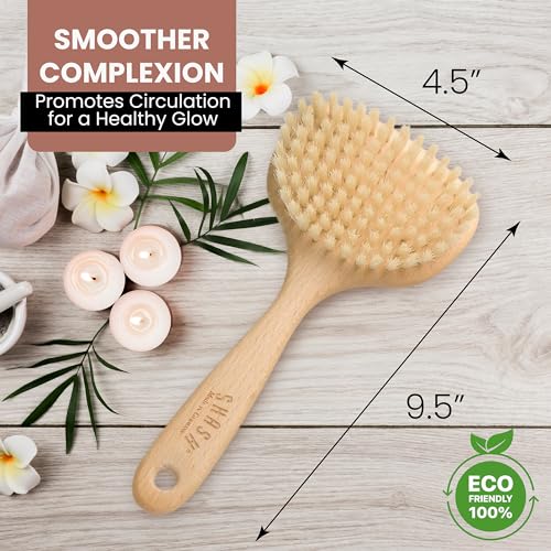 SHASH Since 1869 Hand Made in Germany - Smooth 100% Boar Bristle Body Brush, Gently Exfoliates Skin for a Softer, Smoother Complexion, Dry Brush Body Scrubber Promotes Circulation for a Healthy Glow