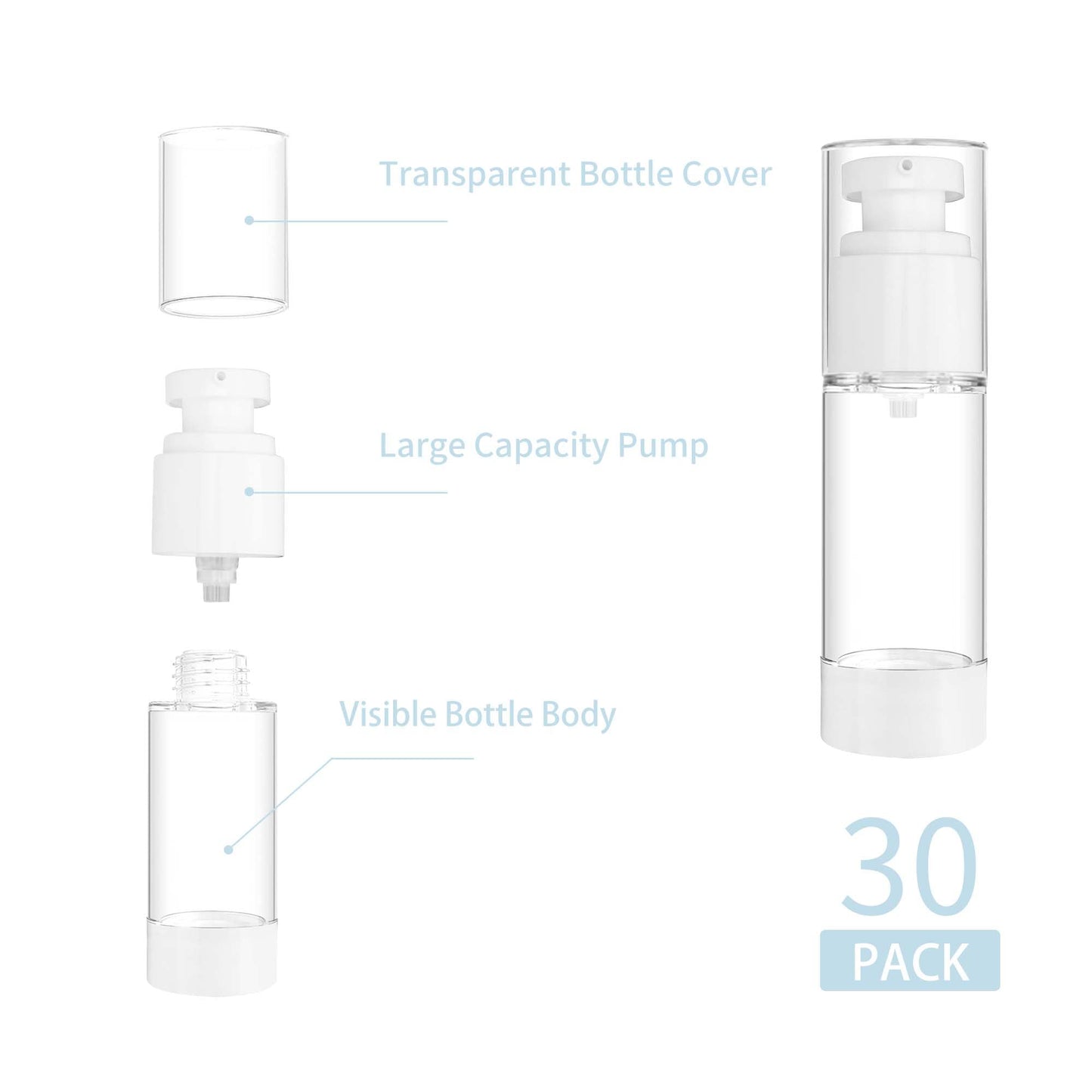 YEUIKERR 30 Pcs 1 oz Airless Pump Bottle Empty 30ml Clear Airless Cosmetic Cream Pump Bottle, Vacuum Plastic Refillable Travel Size Dispenser Bottles for Lotion Essential Oil Foundation Liquid
