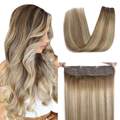 XDhair Wire Hair Extensions 70g 16 Inch Hairpiece Balayage Blonde Real Human Hair Extensions with Invisible Secret Fish Wire,Walnut Brown to Ash Brown and Blonde #3/8/22 16 Inch
