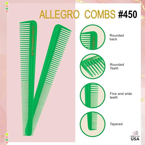 Allegro Combs #450 Tapered Hair Cutting Combs Barber Hairstylist Women's Beard Combs Men's Pocket Combs 3 Units. (Neon Green)