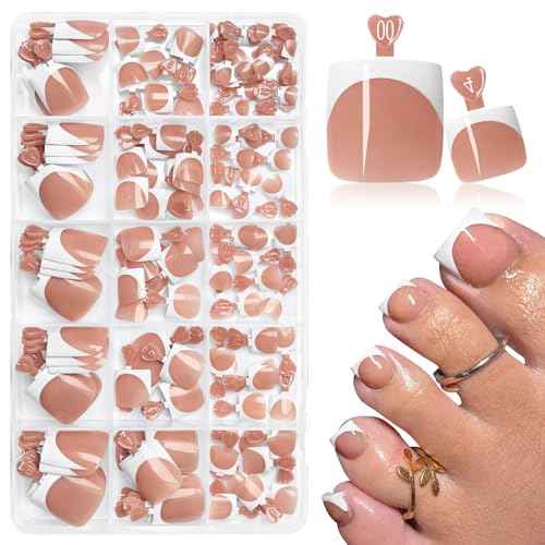 160pcs French Tip Toe Nail Press ons - Brown Press on Toenails for Women, Full Cover Toe Press on Nails with Adhesive Tabs, Fake Toenails Tips