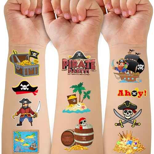 50Pcs Pirate Tattoos for Kids Party Decorations, Pirate Temporary Tattoo Fake Neverland Pirated Cannon Powder Tattoo Body Sticker for Pirate Birthday Party Favors Supplies Boys Girls Party Bag Filler