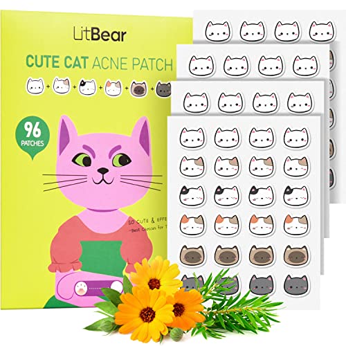 LitBear Acne Patch Pimple Patch, Cat Shaped Acne Absorbing Cover Patch, Hydrocolloid Acne Patches For Face Zit Patch Acne Dots, Tea Tree Oil & Salicylic Acid, 96 Patches, 12mm