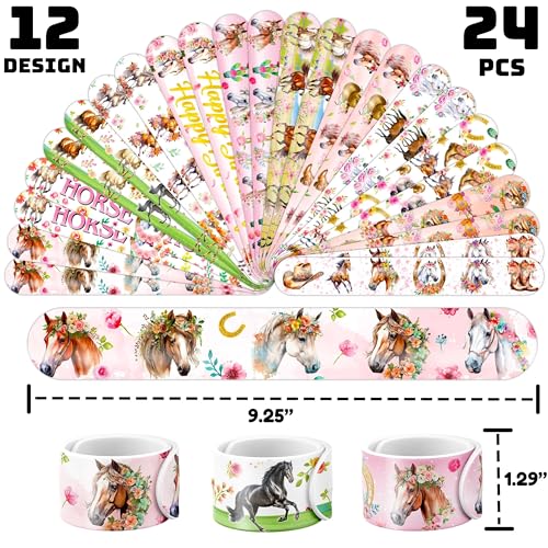 48PCS Floral Horse Party Set - 24PCS Temporary Tattoos & 24PCS Slap Bracelets - Cute Horse-Themed Birthday Supplies, Baby Shower Gifts, Classroom Rewards & Party Decor for Kids (Boys & Girls)