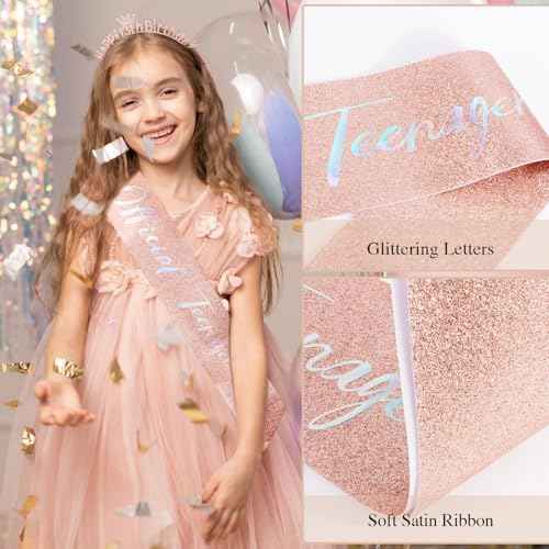 13th Birthday Decorations for Girls Official Teenager Sash 13 Year Old Tiara Crown Headbands Thirteen Hair Band Happy 13th Birthday Gifts for Girls Rose Gold