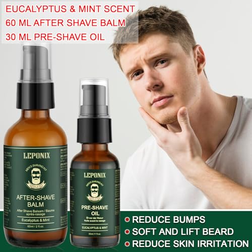 Shaving Kit for Men, Including Eucalyptus & Mint Pre-Shave Oil, After Shave Balm, 2 Packs Shaving Soap, Shaving Brush and Bowl, Beard Bib, Unique Gift for Men Stocking Stuffers