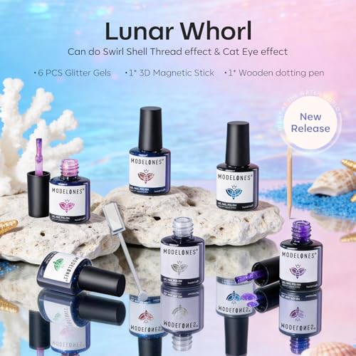 modelones Cat Eye Gel Nail Polish Set Lunar Whorl 6 Colors Glitter Manicure
