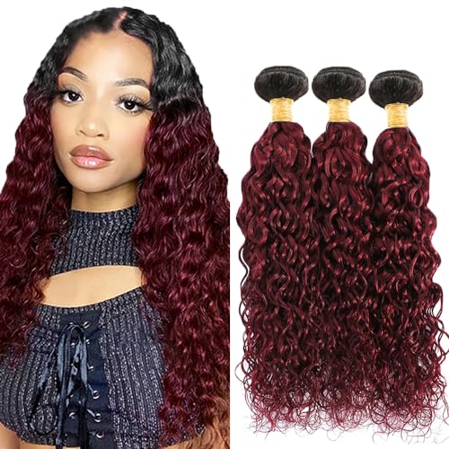 Burgundy Ombre Water Wave Human Hair Bundles 30-32-34 Inch