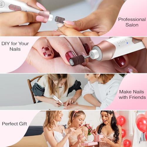 Professional Electric Nail Drill 2000mAH Portable Cordless Electric Nail File 10 in 1 Manicure Pedicure Kit ,5-Speeds Toe Nail Tools Hand Foot Care,Thick Toenail Grinder for Women Men Pets (Pink)