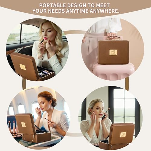 Makeup Bag with LED Mirror & Magnifier, Large Cosmetic Organizer Travel Makeup Case with Adjustable Brightness & 6 Detachable Dividers, Portable Makeup Storage for Women Girls (Brown)