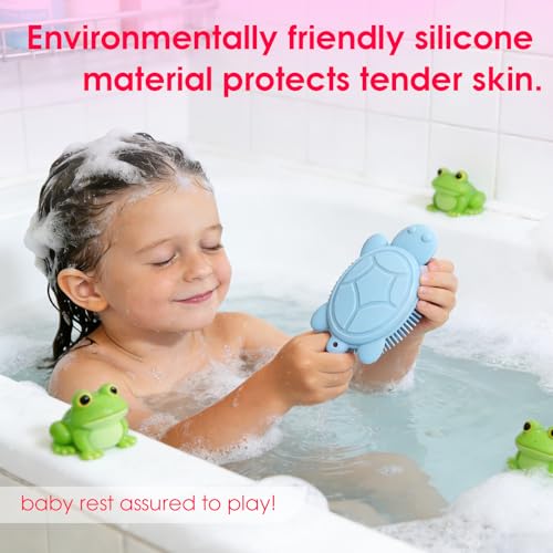 Children's Shower Brush, Silicone Body and Back Exfoliating Mitt - Soft Bristles, Gentle Exfoliation, Cute Turtle Design Makes Children Love Bathing(Wathet)