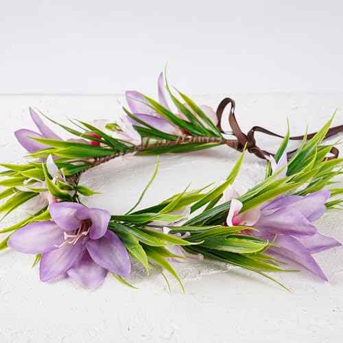 Hawaiian Leis Flower Headband - Hawaii Floral Headpiece Tropical Luau Flower Crown with Ribbon Lei Luau Dress Up Accessory Summer Beach Wedding Party Festival Photos (Purple, Pink)
