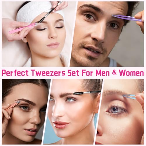 12 Set 6 Pcs Eyebrow Tweezers Kit Christmas Stocking Stuffers Professional Stainless Steel Tweezers Set for Women and Men Facial Hair Splinter and Ingrown Hair Removal(Pink)