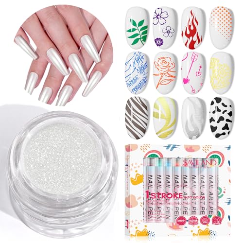 Saviland Nail Art Kit: 12 Colors 0.5mm Nail Polish Pens for Nail Art Design & 1g White Pearl Chrome Powder for Gel Nail Polish