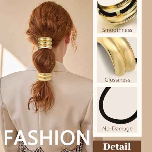 3PCS Gold Hair Ties, Metal Hair Ties for Thick Hair, Elegant Durable Geometric Design, Gold Hair Accessories Stretchy and Non-Damage Ponytail Holders