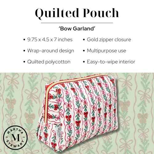 Martha Stewart Festive Quilted Makeup Bag, Compact Cosmetic Organizer for Women, Small Zipper Pouch with PVC Lining, 8.75" x 4" x 6" (Holiday Bow Stripe)