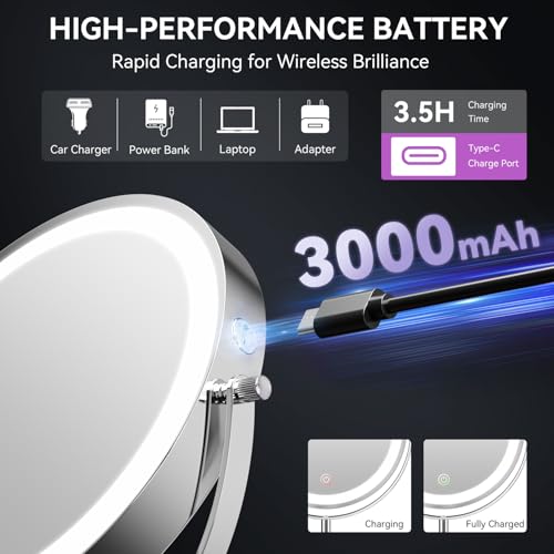 Auxmir 9" Large Lighted Makeup Mirror with Magnification, 1X/30X Double Sided Magnifying Mirror with Adjustable Height, Rechargeable Vanity Mirror with 3 Color Dimmable Lights, 360¡Æ Rotation