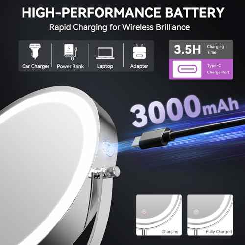 Auxmir 9" Large Lighted Makeup Mirror with Magnification, 1X/30X Double Sided Magnifying Mirror with Adjustable Height, Rechargeable Vanity Mirror with 3 Color Dimmable Lights, 360¡Æ Rotation