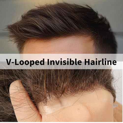 0.08mm PU Skin Human Hair System for Men, 8x10 Inch PU Base Knotless V-Looped Hairline 110% Medium Density Toupee #4 Medium Brown