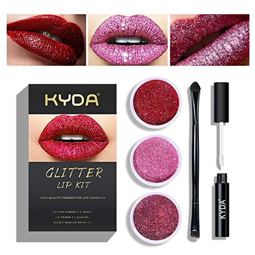 KYDA Glitter Lip Kit - 3 Diamond Metallic Colors with Primer