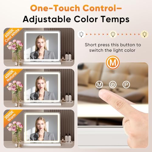 NEWBULIG 20"x22" LED Vanity Mirror with Lights, Lighted Smart Tabletop Makeup Mirrors for Desk, Touch Control Dimmable Brightness, 3 Color Lighting Modes