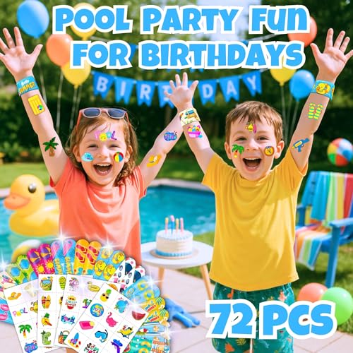 72Pcs Pool Party Favors Set - 48 Tattoos & 24 Slap Bracelets