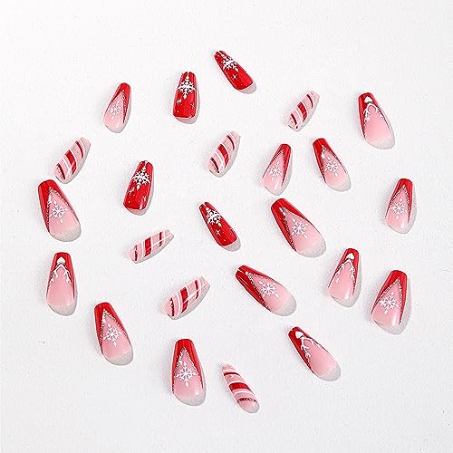 Long Square Christmas Press on Nails Black Glossy Fake Nails White Snowflake French Tip Stick on Nails Gift Winter Art Nails Acrylic Nails for Women and Girls 24 PCS Nail Decorations