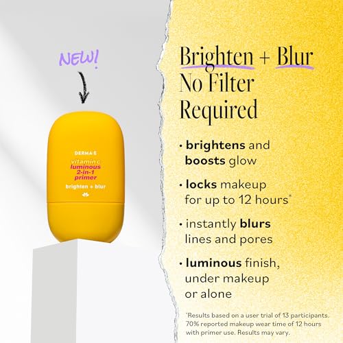 DERMA E Face Primer, Vitamin C Luminous 2-in-1 Brighten & Blur Primer, 1 Fl Oz, Stabilized Vitamin C, Hyaluronic Acid & Aloe Vera, Blurs Appearance of Pores, Wear Under Makeup for All Day Hold